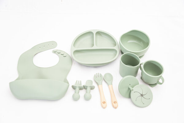 Set Bebe Alimentación Completa Silicona 10 Productos Verde Militar comun