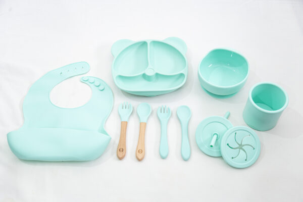 Set Bebe Alimentación Completa Silicona 10 Productos Osito Menta