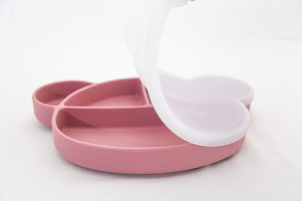 Plato Oso con tapa  Silicona  Ventosa Divisiones Bebe Infantil Sopapa  Rosa