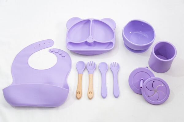 Set Bebe Alimentación Completa Silicona 10 Productos Osito Violeta
