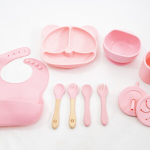 Set Bebe Alimentación Completa Silicona 10 Productos Osito Rosa
