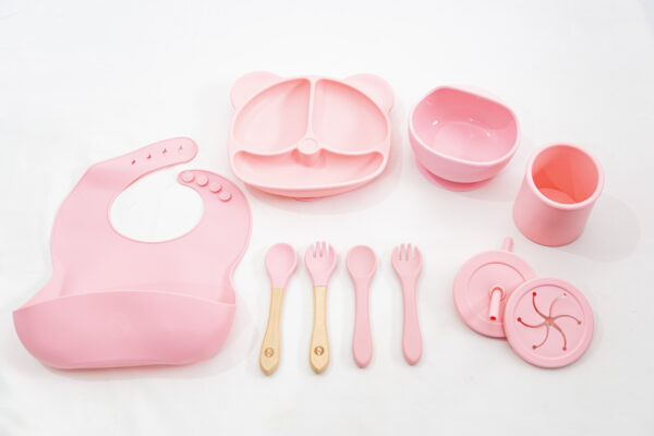 Set Bebe Alimentación Completa Silicona 10 Productos Osito Rosa