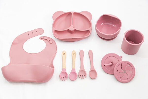 Set Bebe Alimentación Completa Silicona 10 Productos Osito Rosa Oscuro