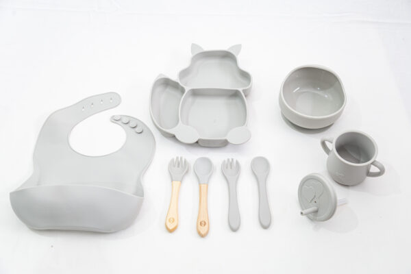 Set Bebe Alimentación Completa Silicona 10 Productos Osito Gris