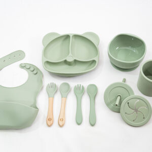 Set Bebe Alimentación Completa Silicona 10 Productos Osito Army Green