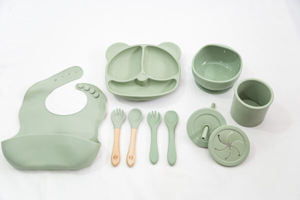 Set Bebe Alimentación Completa Silicona 10 Productos Osito Army Green